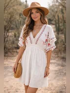 Blue Rain Boho Embroidered Mini Dress white Festival Peasant Cottagecore Size M